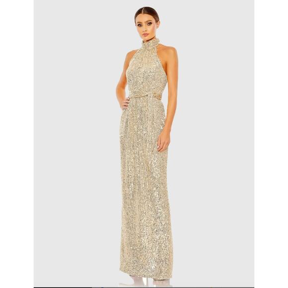 Ieena for Mac Duggal Gold Sequined Halter Neck Belted Soft Tie Gown - 4 - NWT - Picture 1 of 5